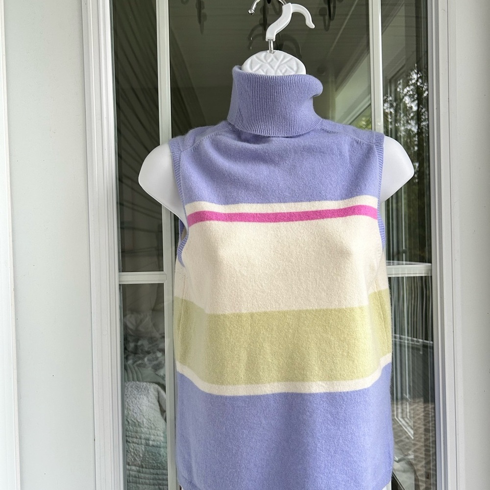 Ann Taylor 100% Cashmere Multicolor Striped Turtleneck Sleeveless Sweater Small